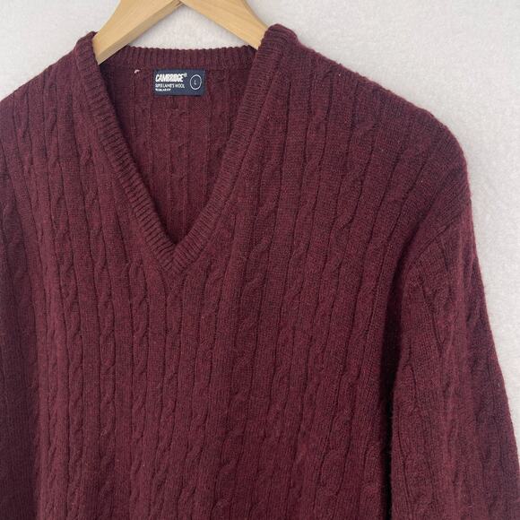 CAMBRIDGE Sweater Mens L Super Lambswool Blend Cable V-Neck Pullover Burgundy - Picture 7 of 13
